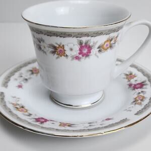 Vintage Decorative Small Teacup & Saucer Pink White Yellow Flowers w/ Gold Trim